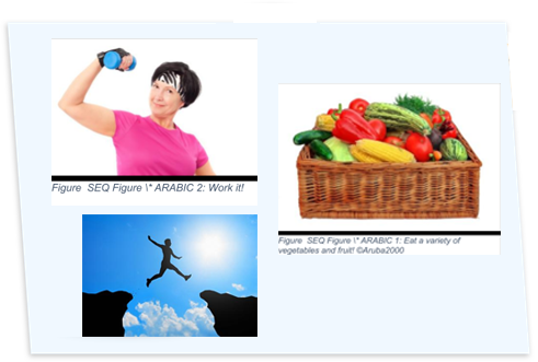 A collage of an adult person person wearing a pink shirt, a baskeball full of vegetables and person jumping from one stone to another